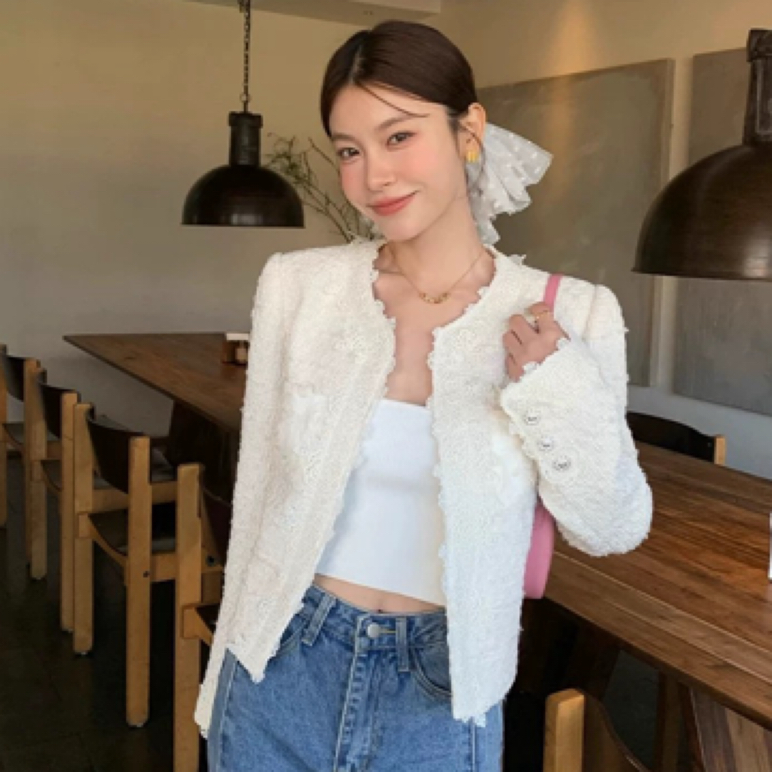 MOSAIC韩版名媛千金风重工立体花朵小香风外套女