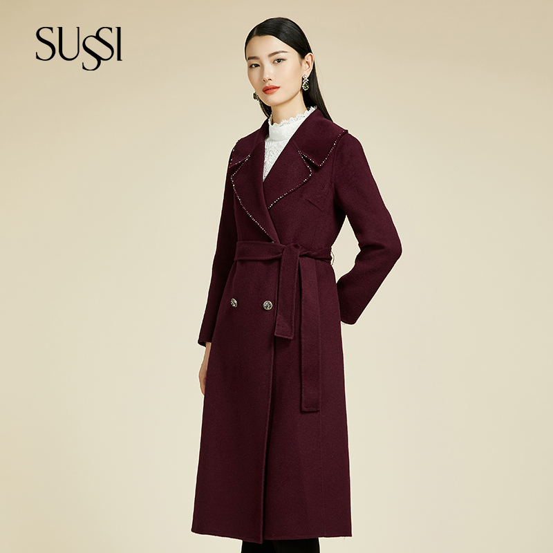 古色SUSSI【官店】"胭宁紫”冬季新品翻领双排扣双面呢束腰长款大衣