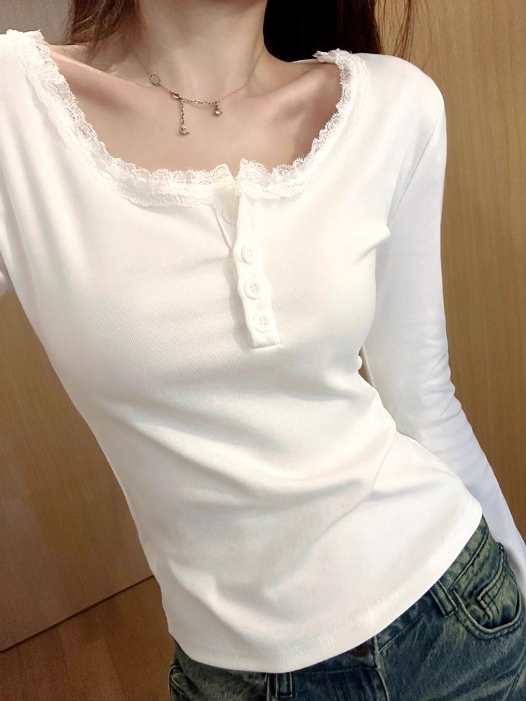 早春秋季绝美纯欲蕾丝花边显瘦打底衫女内搭长袖T恤正肩方领上衣