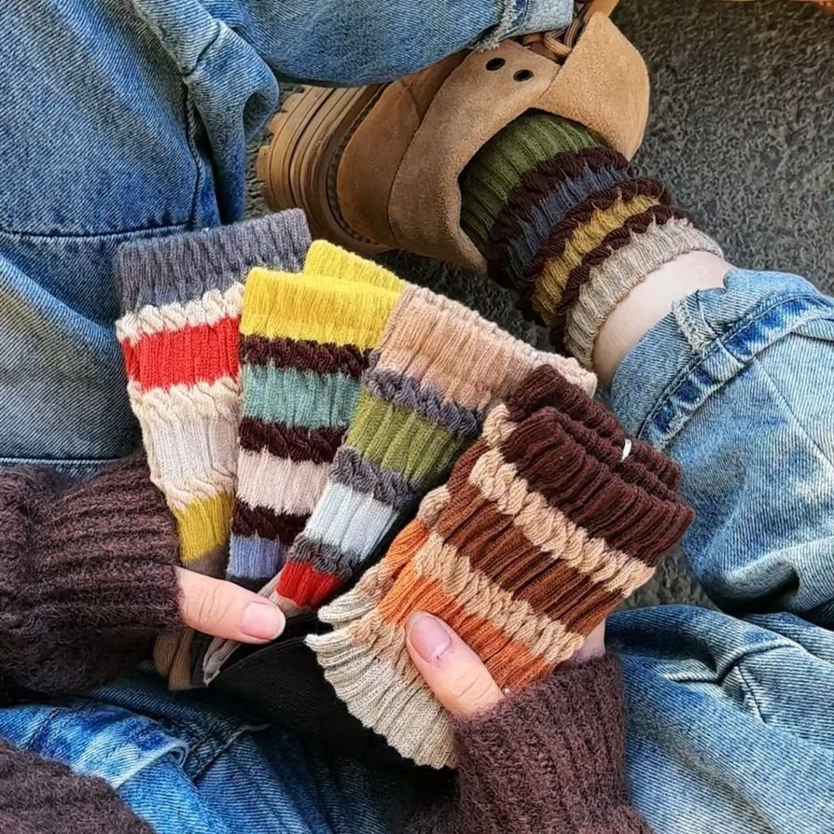 【5双装】袜子秋冬中筒松口不勒腿长袜慵懒风韩版条纹彩虹复古ins袜