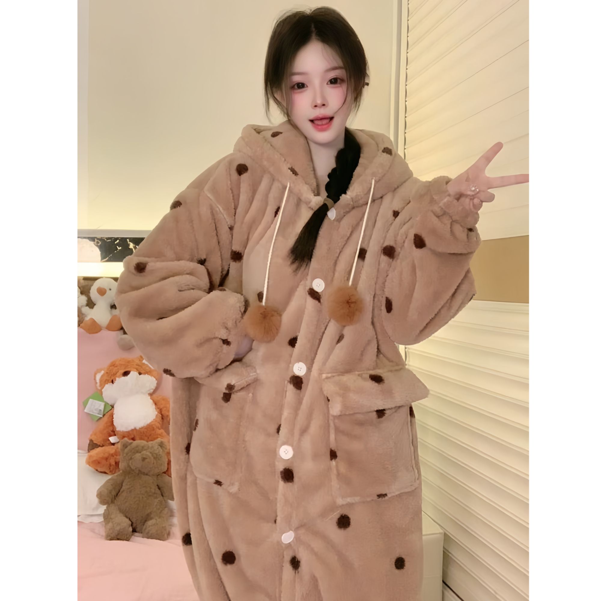 2025新款冬天女孩甜美蓄热珊瑚绒睡衣宽松慵懒宅家毛绒居家服套装