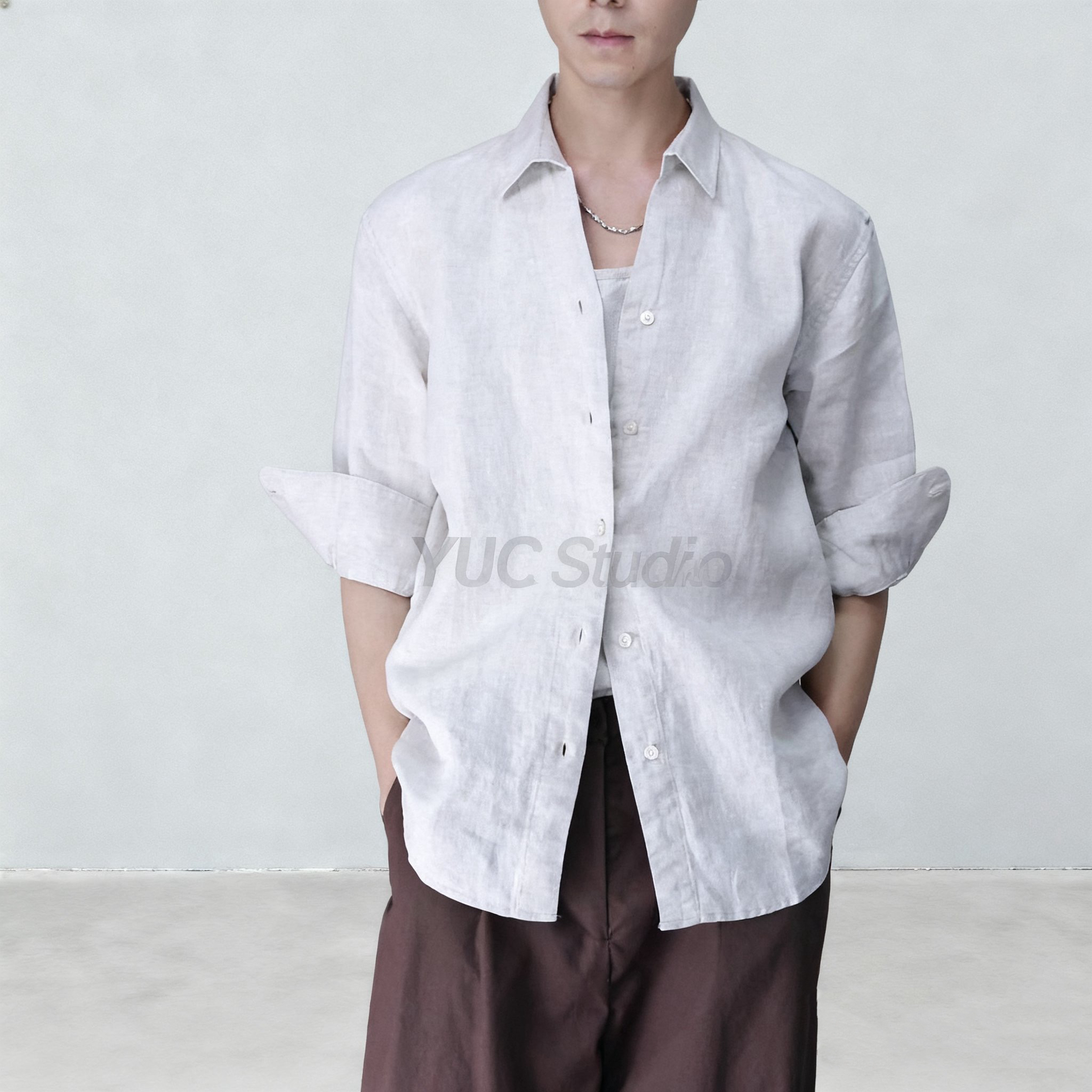 YUC【100%纯亚麻五分袖夏季衬衫】老钱松弛感衬衫宽松薄款透气男装