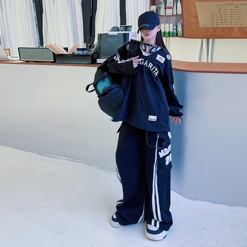 女童套装2025春季新款美式复古宽松休闲套头条纹上衣阔腿裤两件套