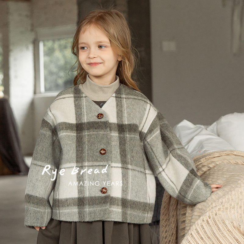 ryebread/黑面包童装复古撞色格子女童V领单排扣呢大衣外套4春秋