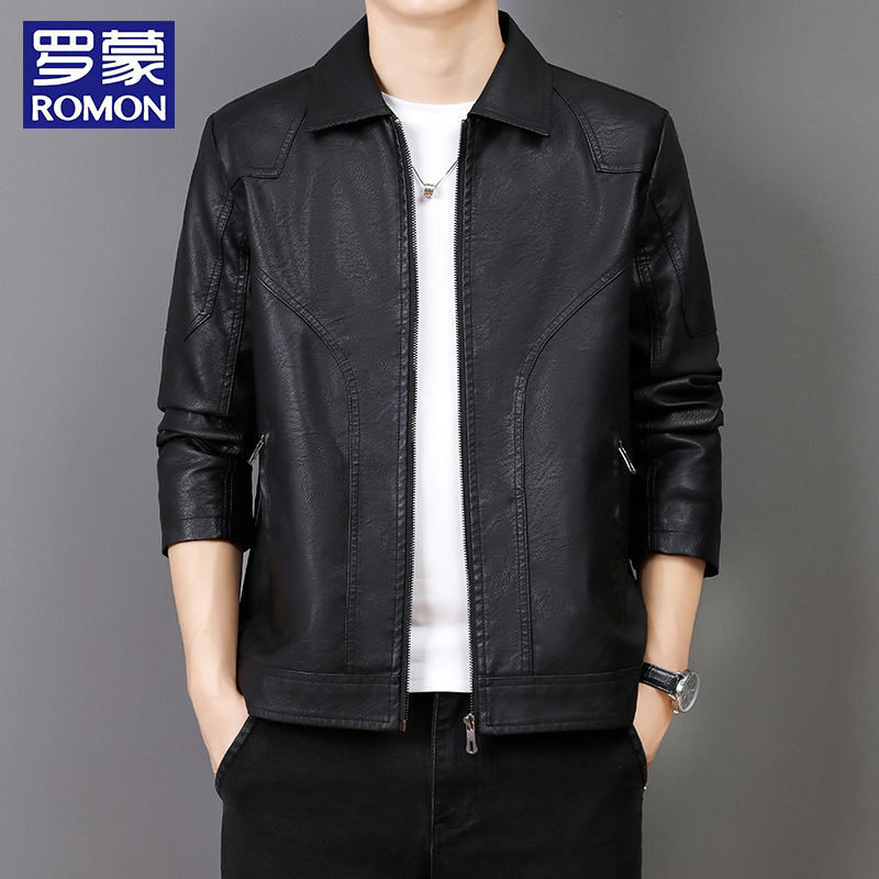 罗蒙翻领免烫皮衣冬季时尚帅气加绒加厚皮夹克休闲百搭外套