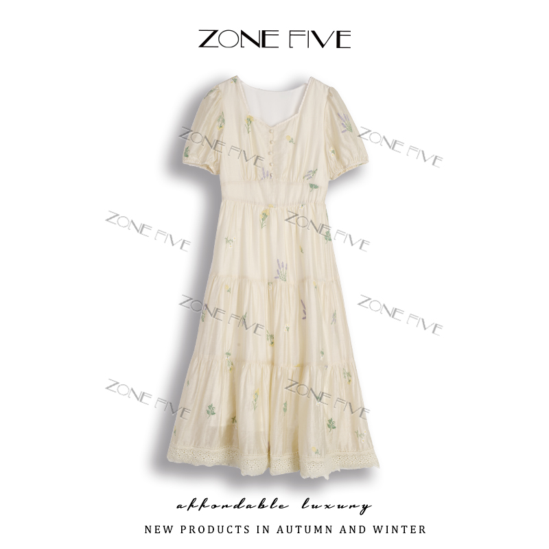 【zonefive】短袖方领连衣裙夏日收腰印花长裙夏装裙子丁达尔风