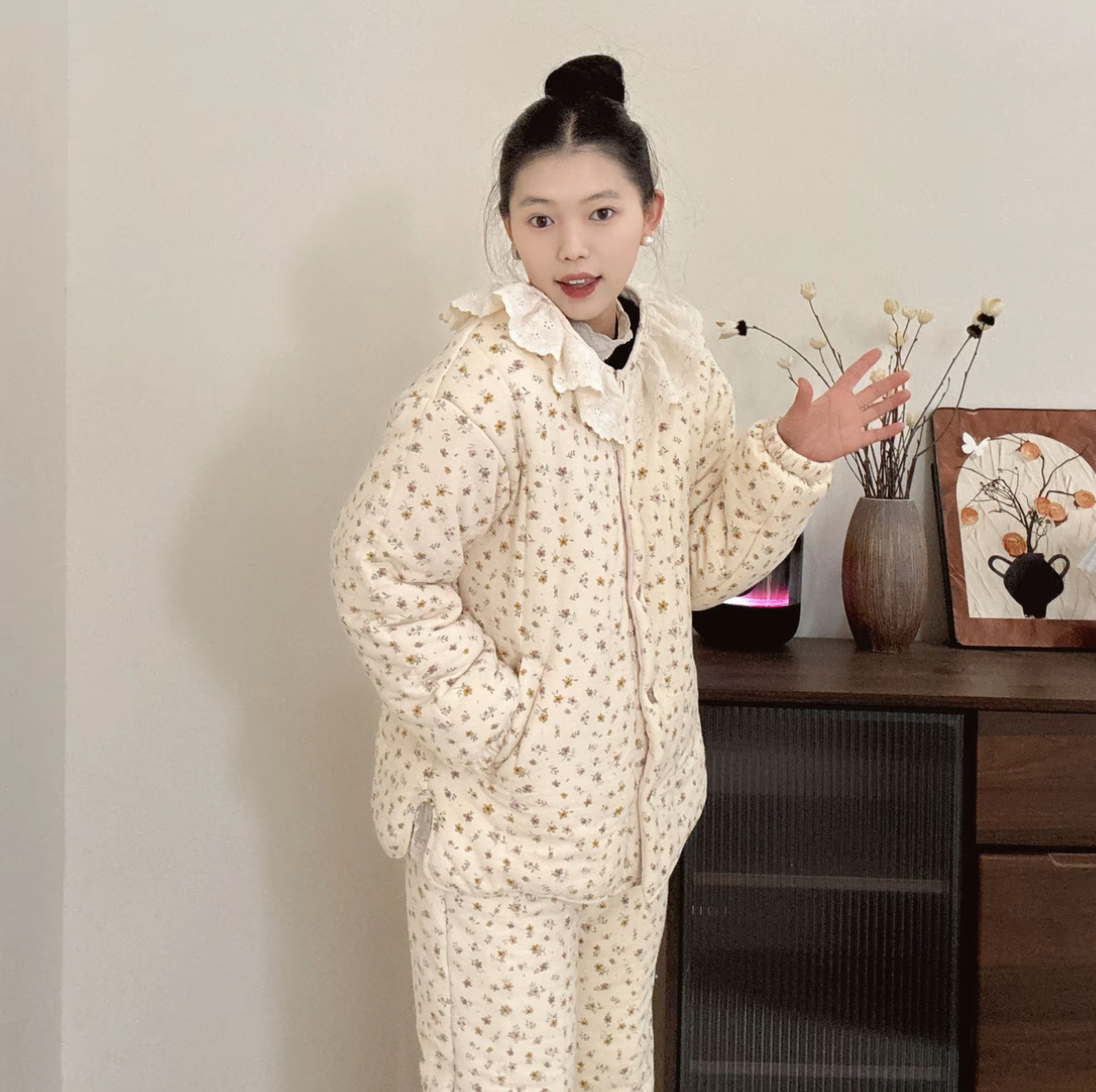 MuMu【茶语】300g厚纯蕾丝休闲套装棉花衣宽松家居服保暖花棉衣棉服