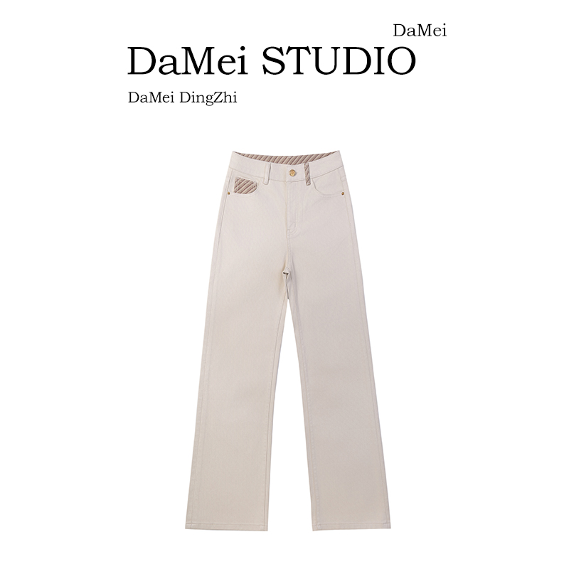 MDE.欧若风.冬季设计师牛仔裤女高腰窄版百搭直筒米杏色牛仔裤女