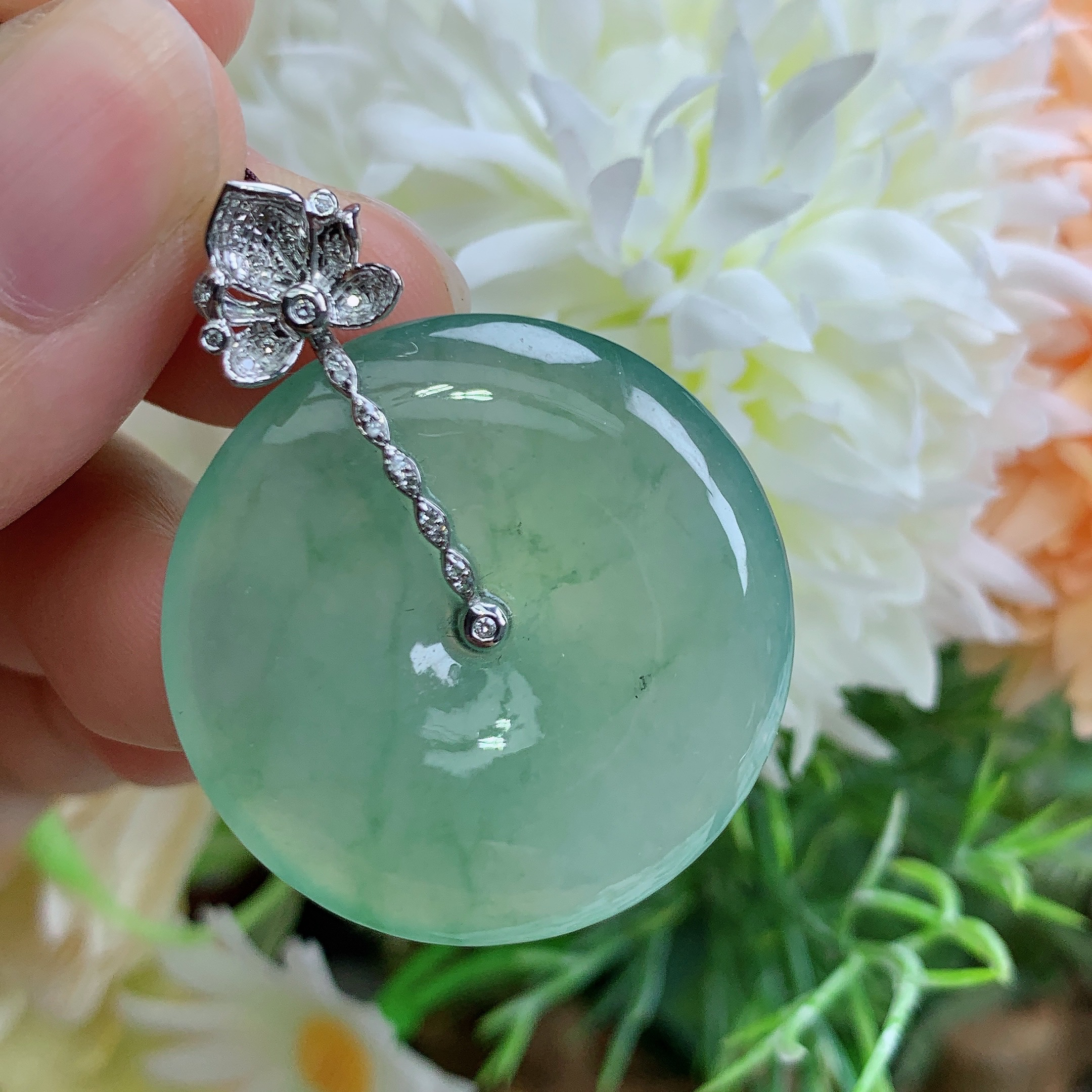 缅甸天然翡翠A货玉石18k冰种起胶晴绿平安扣吊坠华尺寸38.9/5.4mm