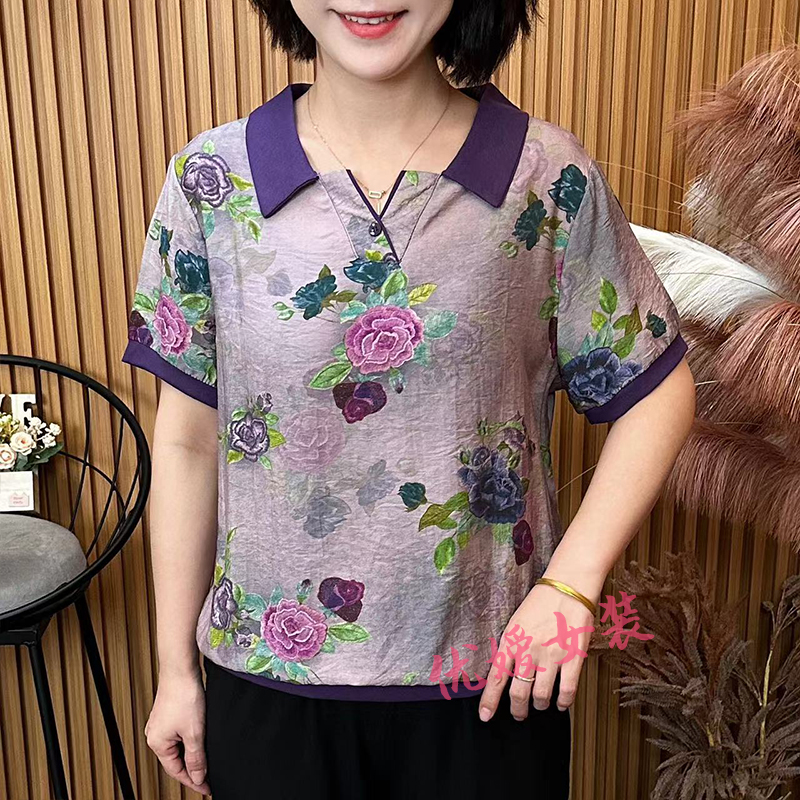 妈妈装夏季新款薄款复古花色翻领休闲宽松显瘦中老年女装短袖上衣