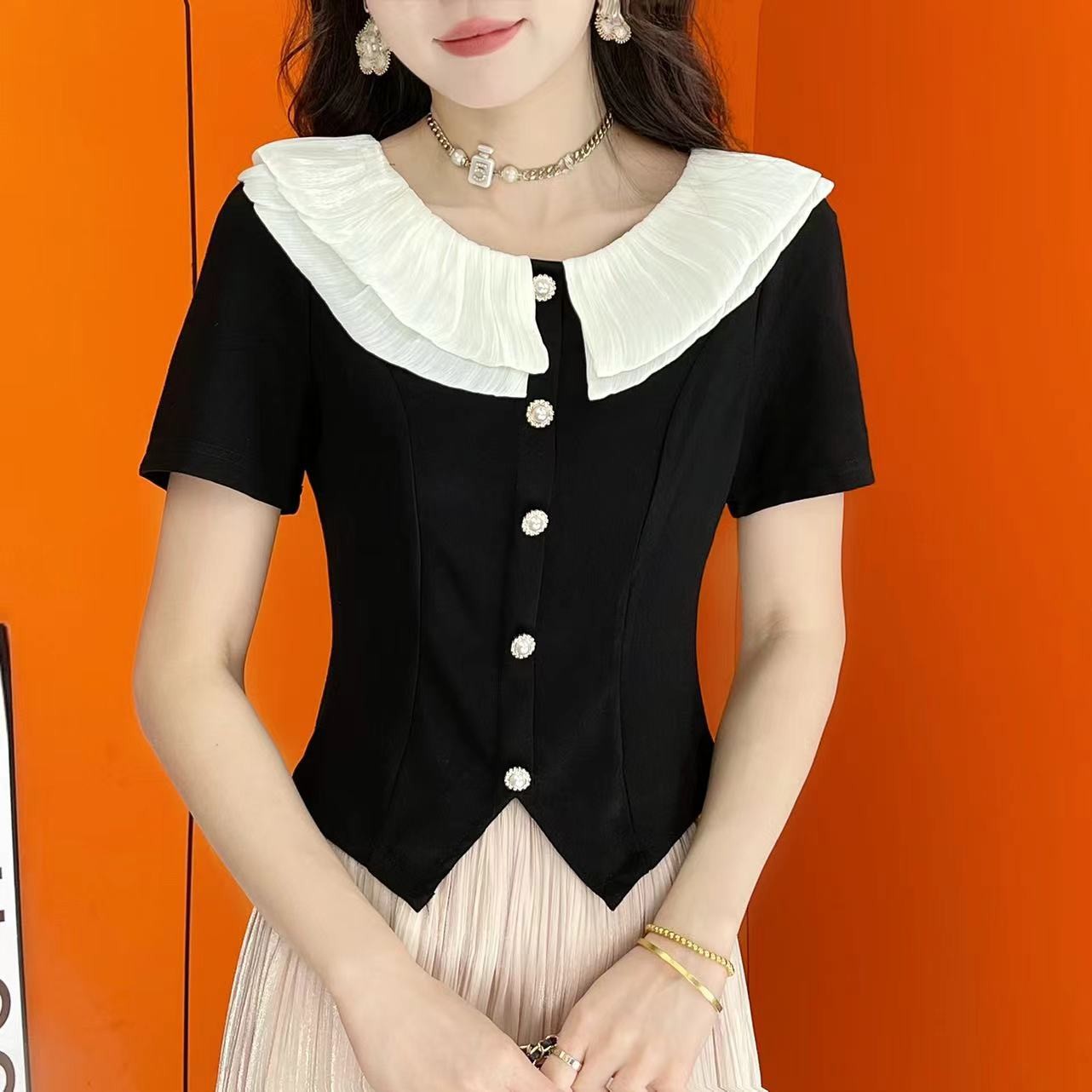 2025女气质短袖春夏新款时尚修身显瘦百搭娃娃领小香风洋气上衣