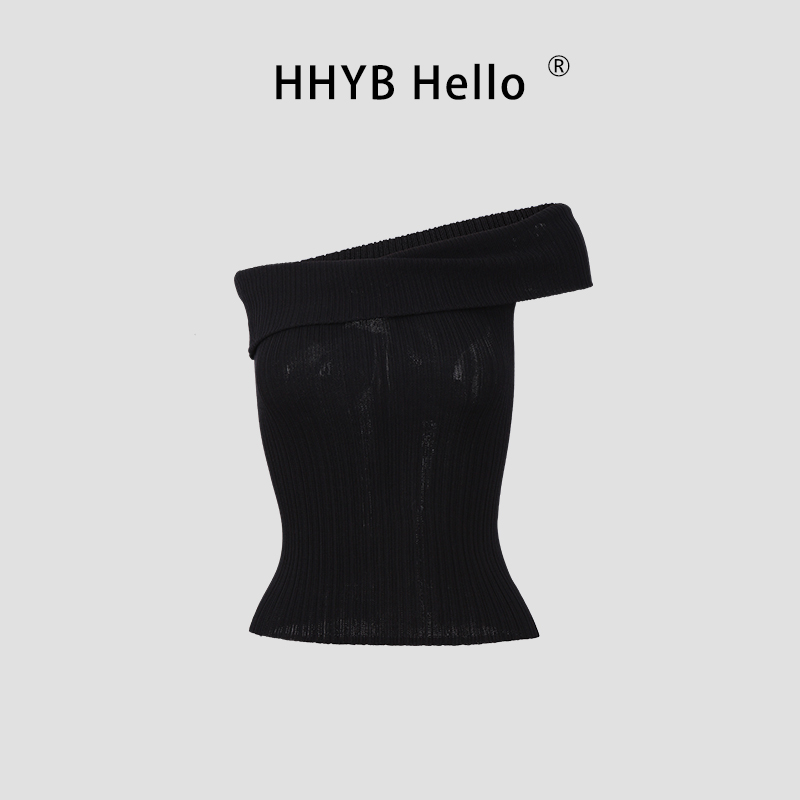 HHYB Hello韩版修身显瘦半遮香肩针织衫T恤一字领斜肩上衣M1133
