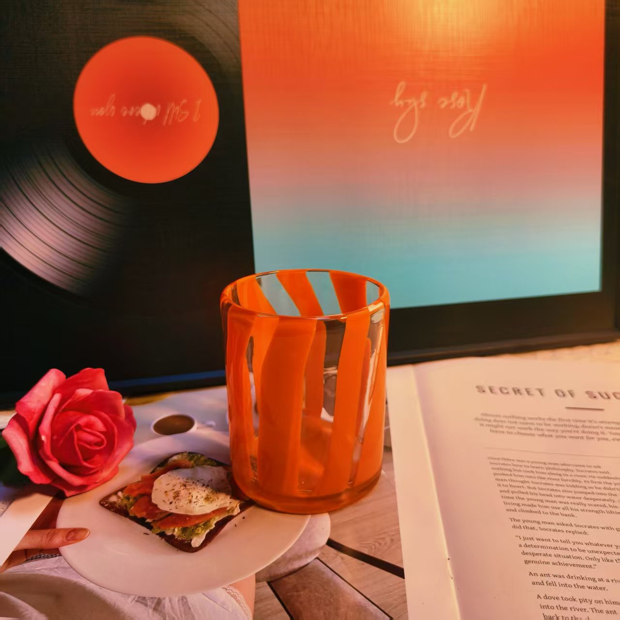 【可尔】意大利橘色竖纹款无铅水晶玻璃餐具果汁杯牛奶杯咖啡杯创意