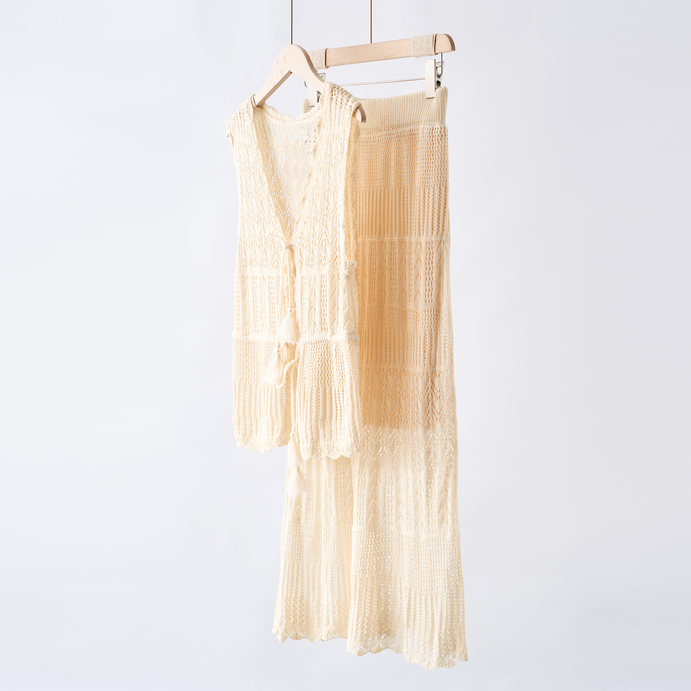 【YS11306】波西米亚度假风~亚麻粘纤混纺镂空针织背心+半裙套装