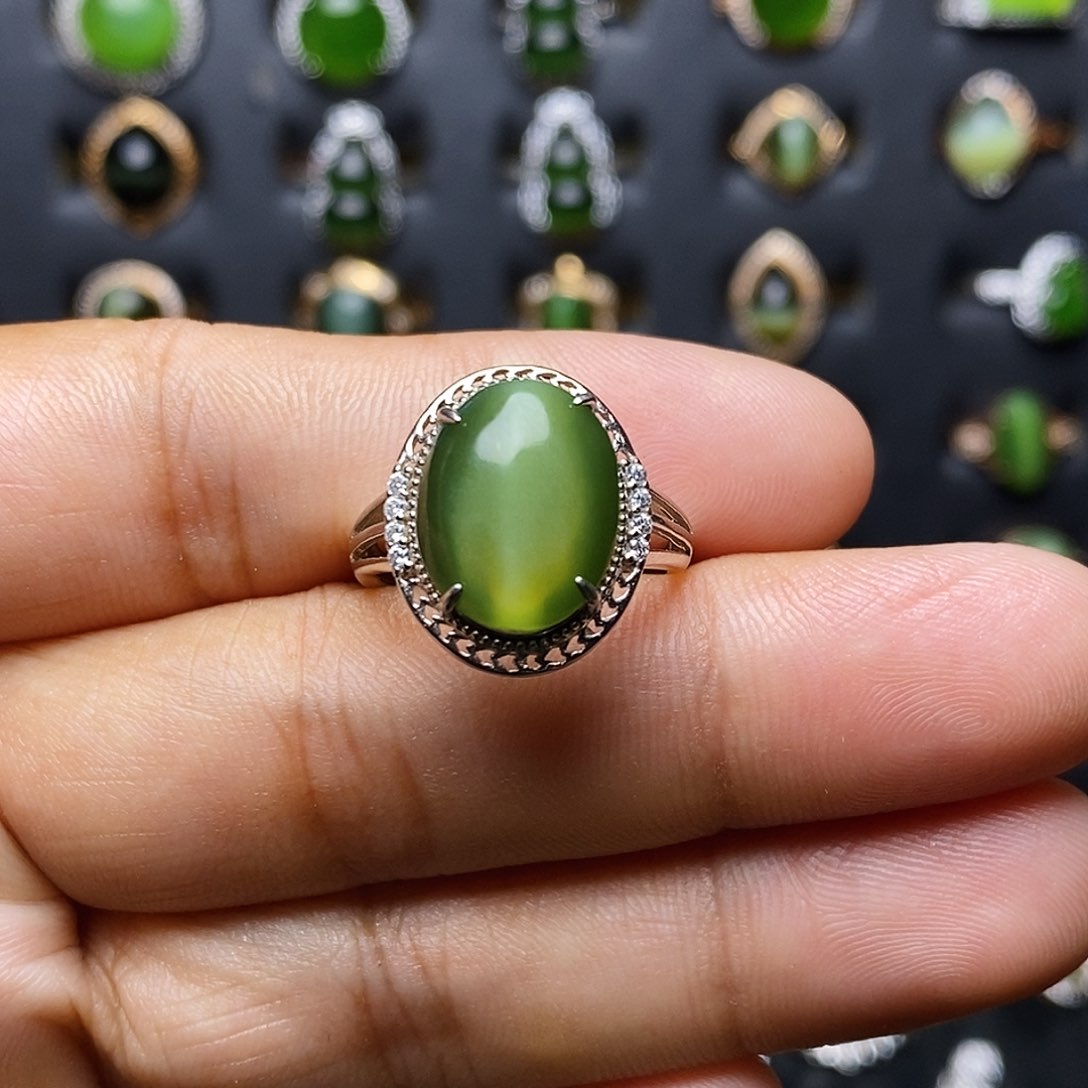 和田玉（碧玉）银S925镶嵌吊坠(不含链)戒指