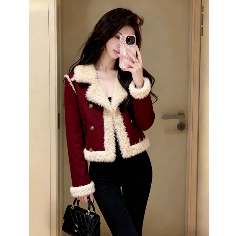 酒红色羊羔毛外套女秋冬洋气轻奢高端巨好看气质加厚保暖上衣872