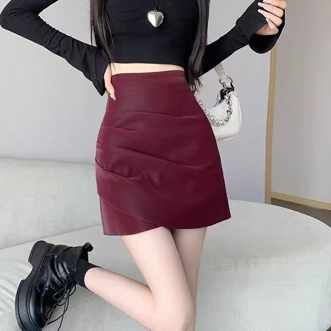 胖鑫家【警戒线】韩版气质高腰不规则pu皮半身裙显瘦包臀裙女6008