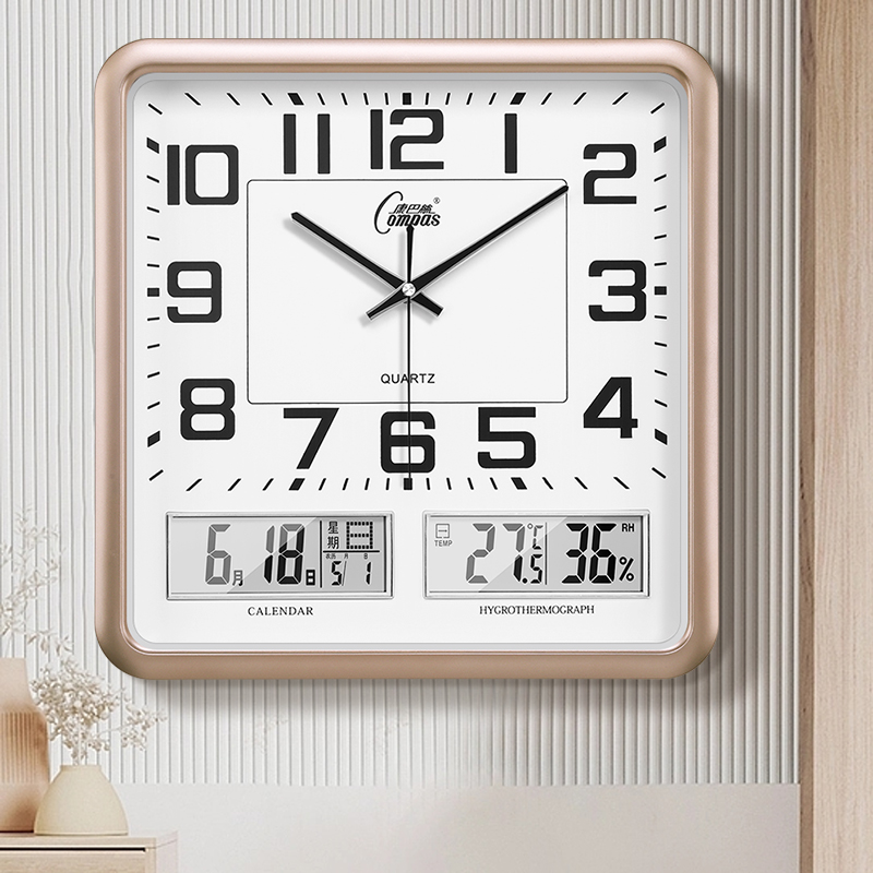 康巴丝挂钟万年历温湿度钟表新款创意客厅时钟简约挂表方形石英钟