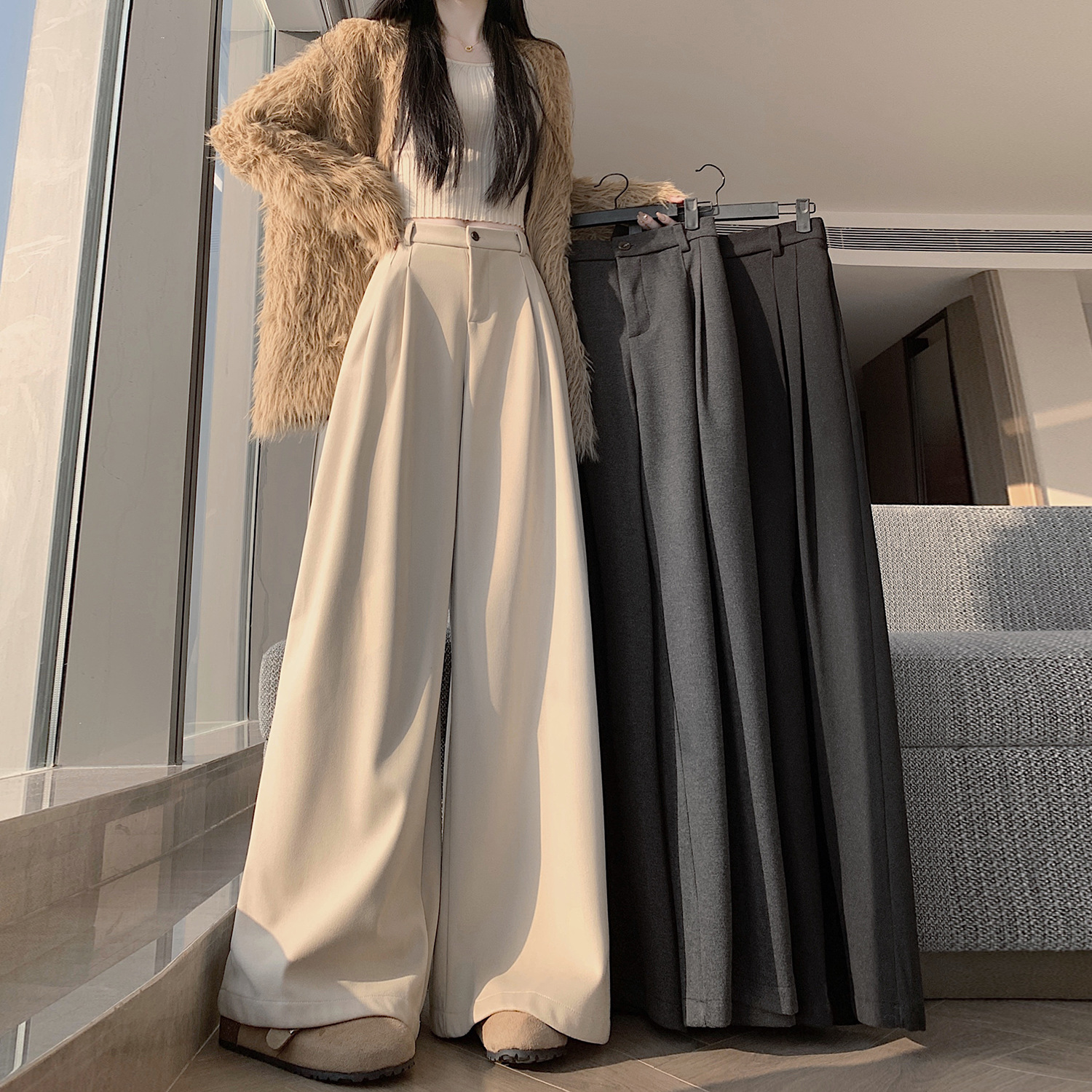 实拍杏色毛呢西装裤女秋冬2025新款高腰宽松垂感百搭休闲阔腿裤