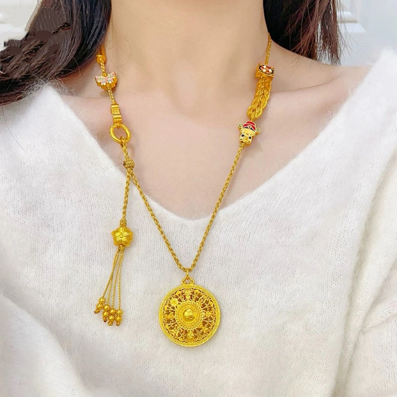 铜合金吊坠 花丝八宝罗盘吊坠项链五帝钱小财神莲花流苏毛衣链女