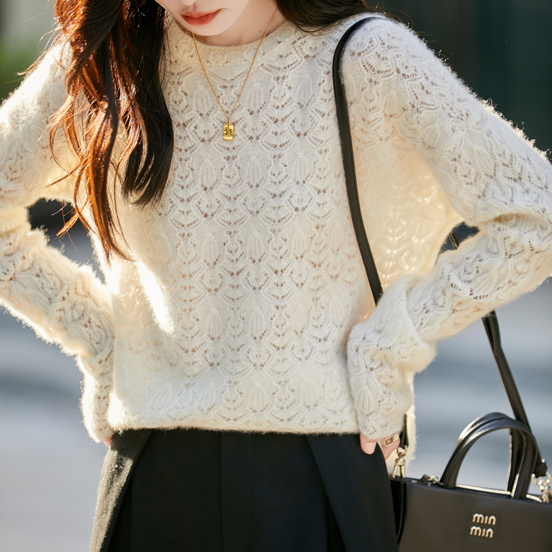 秋冬设计钩花款100%羊毛衫慵懒减龄打底衫洋气百搭气质毛衣