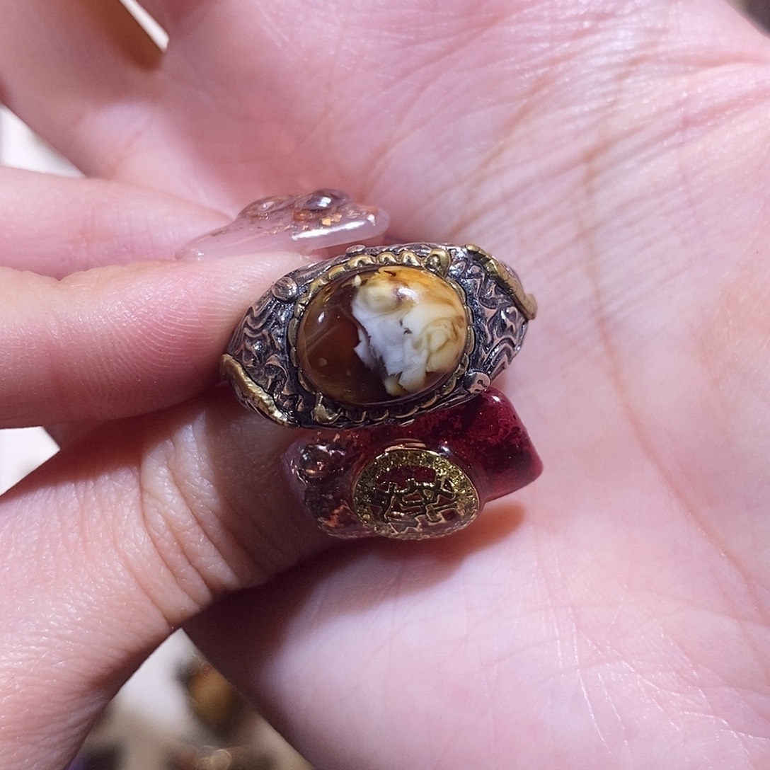 琥珀戒指银S925镶嵌C*戒指