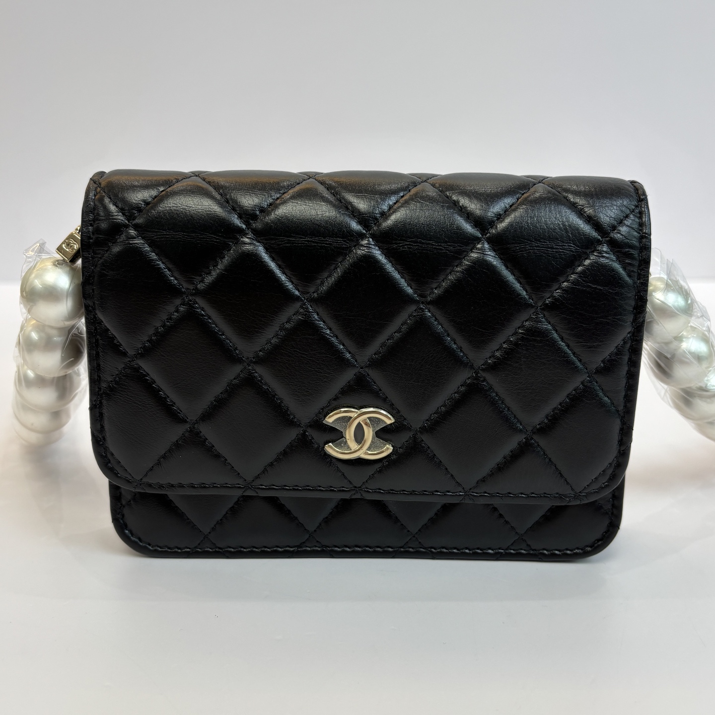 95新 Chanel/香奈儿 黑金大珍珠链条单肩斜挎包 04027