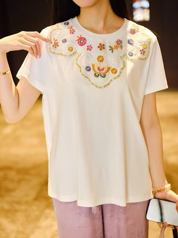 【冉香】休闲T恤刺绣气质新中式中国风短袖