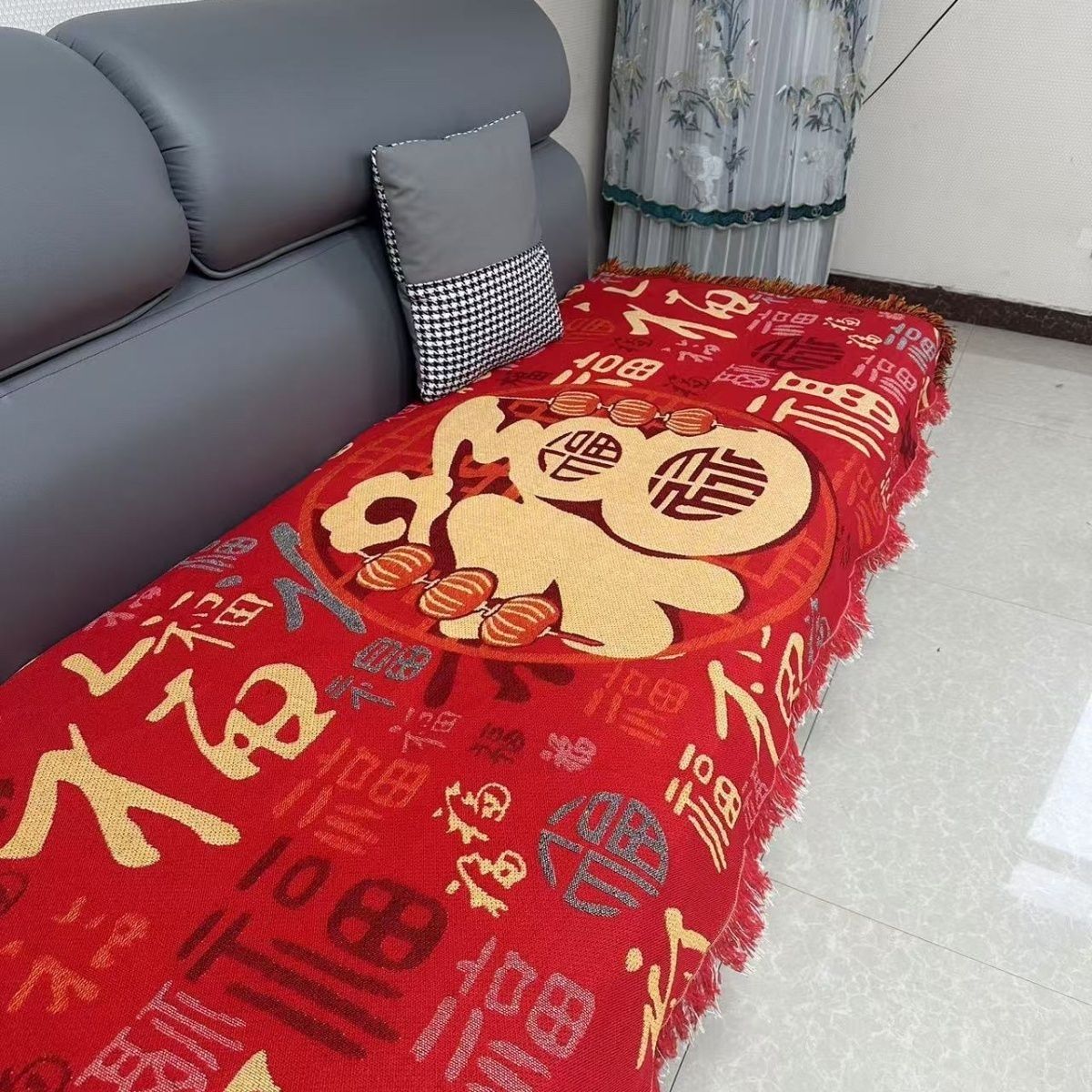 [灯笼红福]90*240新款沙发巾线毯红色喜庆多功能使用