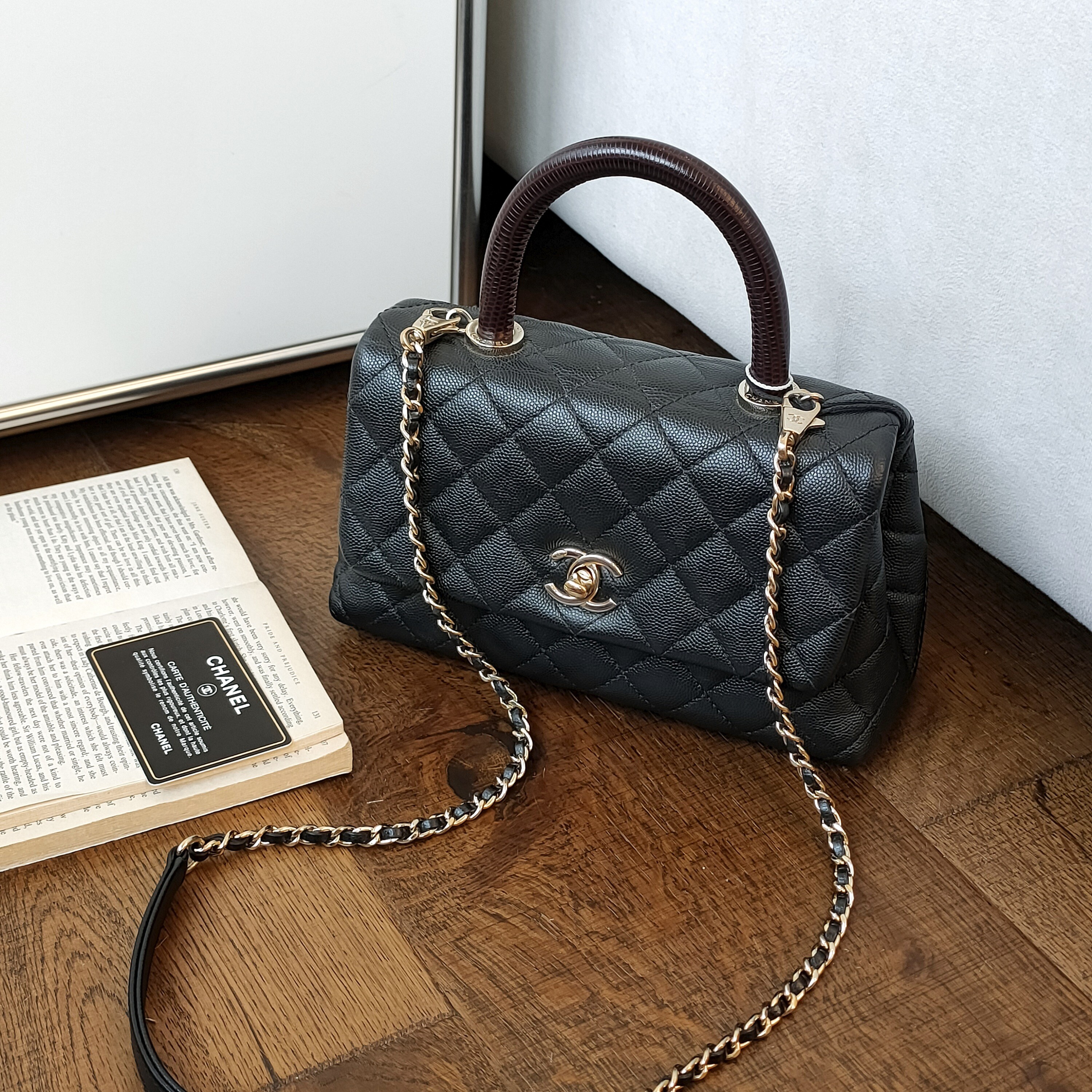 95新 Chanel/香奈儿 荔枝皮拼蜥蜴手柄cocohandle小号斜挎包46337