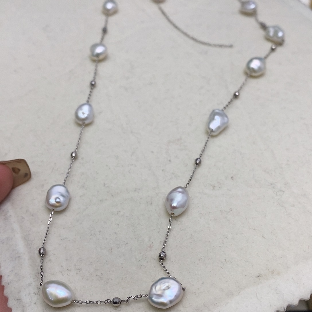 淡水珍珠颈饰银S925镶嵌65公分满天星毛衣钝