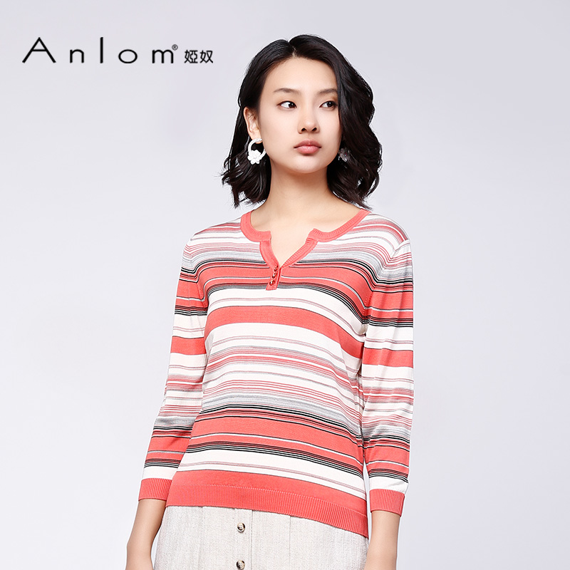 Anlom/娅奴桑蚕丝针织新款春秋V领条纹修身冰丝女士套头针织上衣