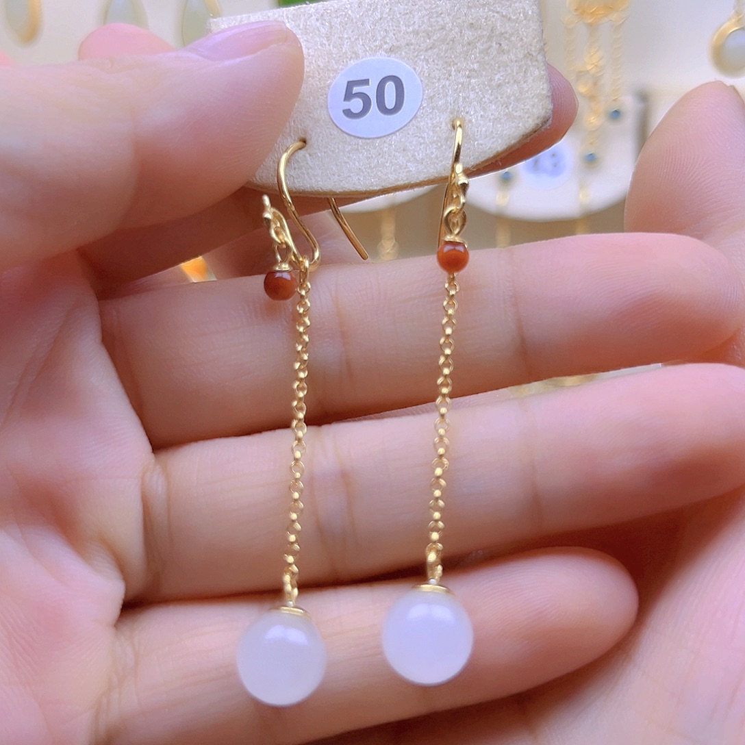 和田玉银S925镀金镶嵌耳饰