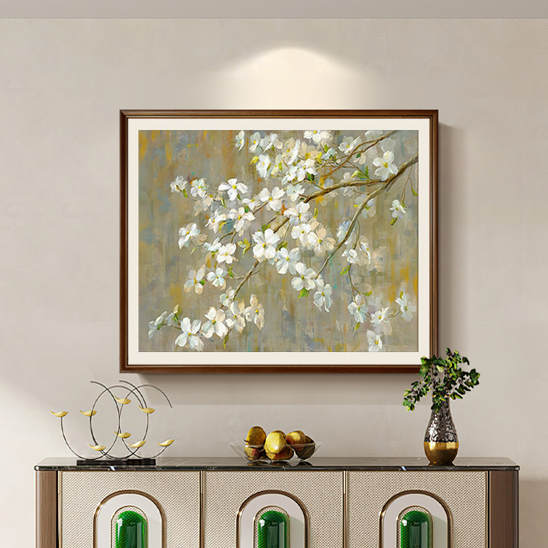 u作【苹果花】手绘油画玄关中古风新中式原木风挂画复古餐厅装饰画