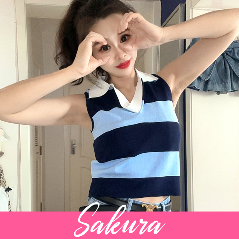 夏季新款学院风蓝色条纹polo领无袖短款针织衫背心女潮