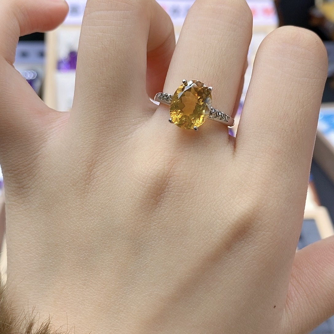 银S925镶嵌珠宝半成品水晶纯天然黄水晶戒指X