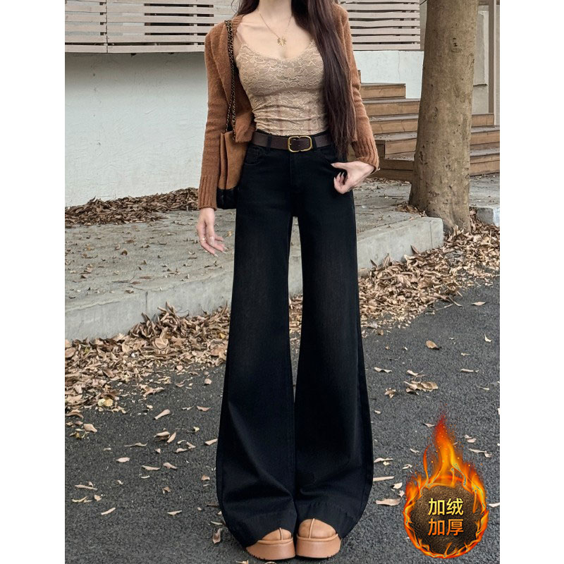300斤胖mm特大码女装加绒加厚复古弹力牛仔裤裤女冬季保暖阔腿裤