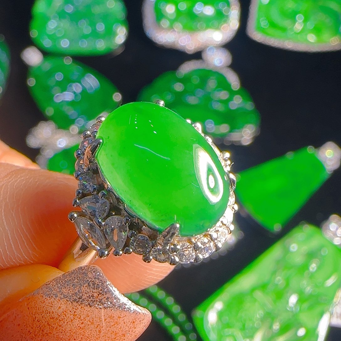 翡翠银S925镶嵌戒指天然