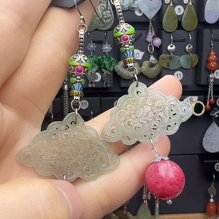 安***器翡翠银S925镶嵌耳饰