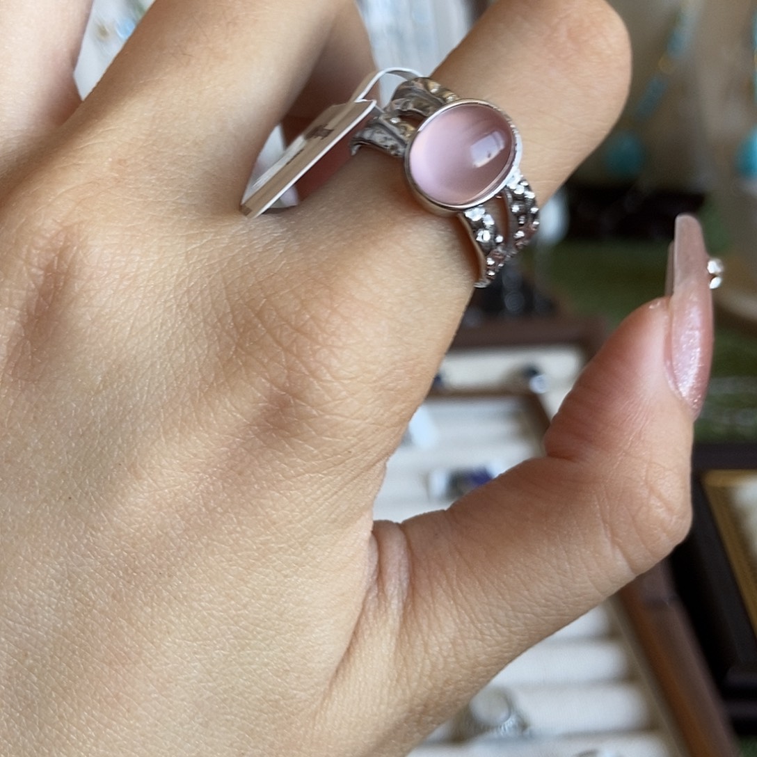 P***❀水晶戒指银S925镶嵌粉水下开口