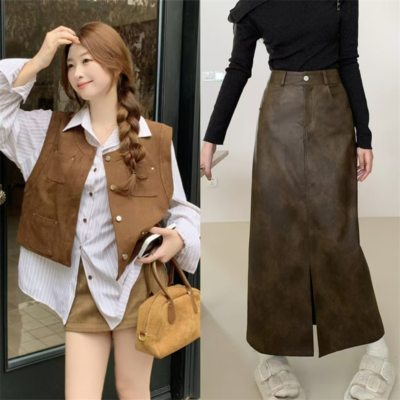 C-大码春季新款遮肉开叉皮裙+马甲+衬衫三件套