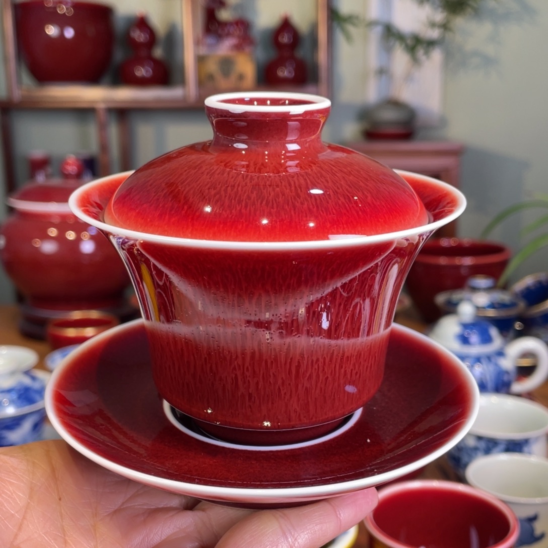 清欢雅玩原矿郎红马蹄盖碗