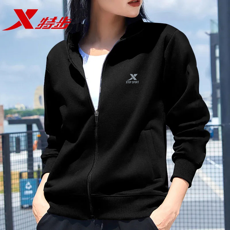 特步卫衣外套女开衫官方旗舰店正品新款冬季黑色运动夹克男女同款