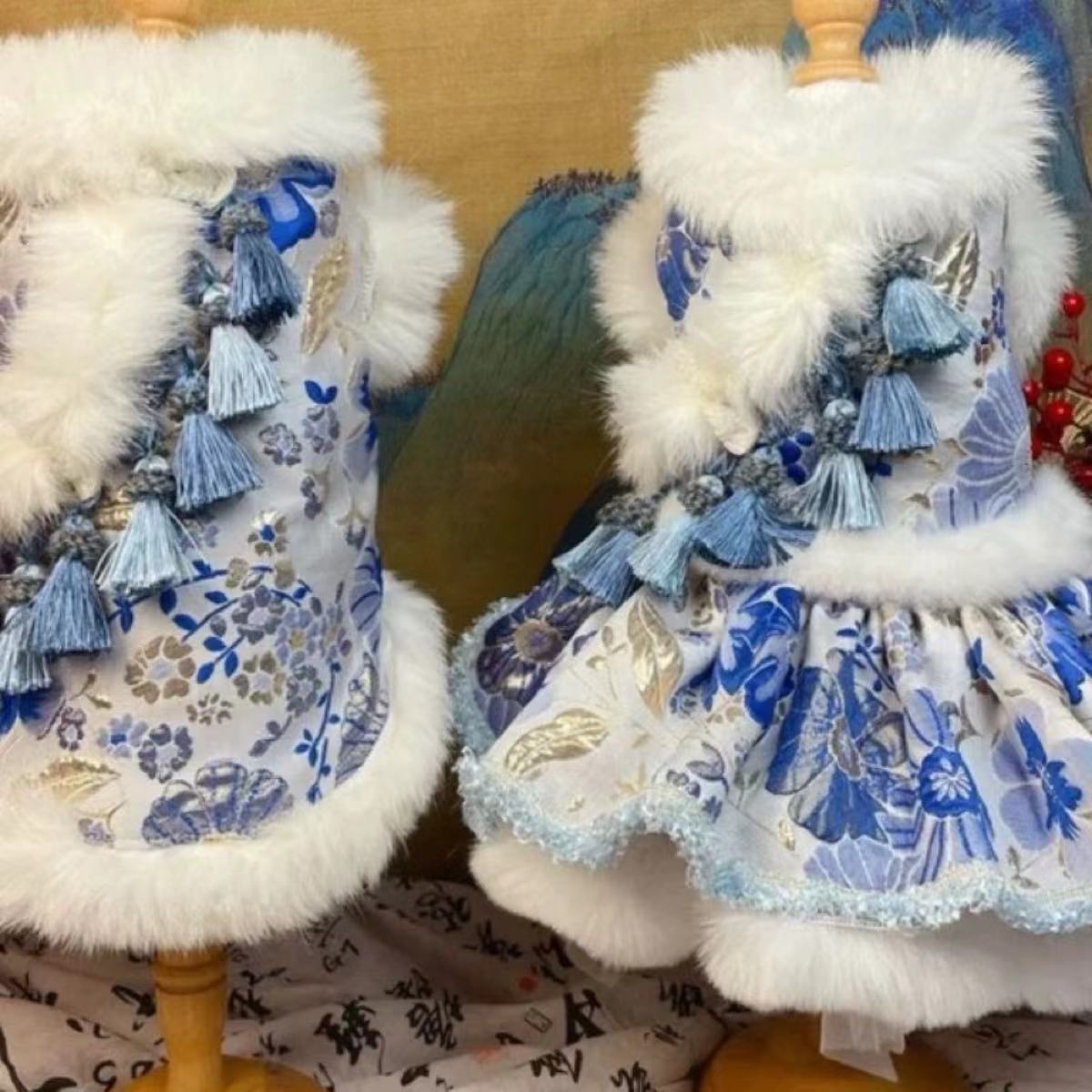 宠物国风新年情侣旗袍毛毛暖冬宠猫狗拜年礼服新款