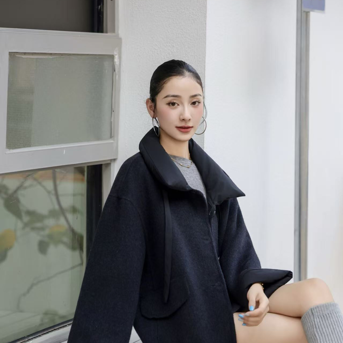 新疆包邮【8615】中长款毛呢大衣-衣长82cm