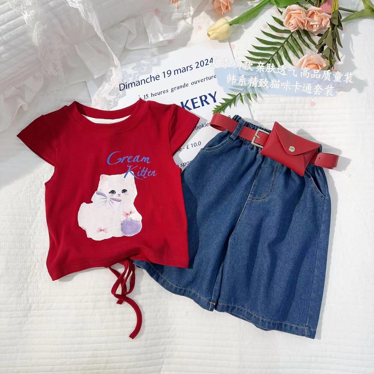 汤圆家童装2025夏季新款韩系甜美精致猫咪卡通套装 YA-2051
