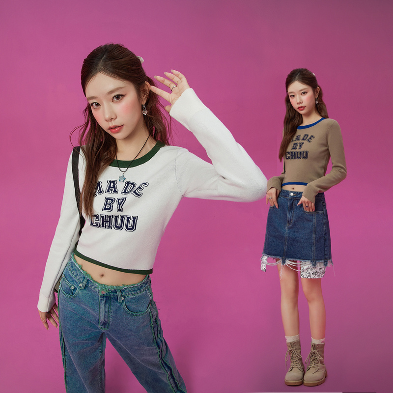 008W【云C专属】CHUU字母提花设计拼接撞色修身气质针织衫-F