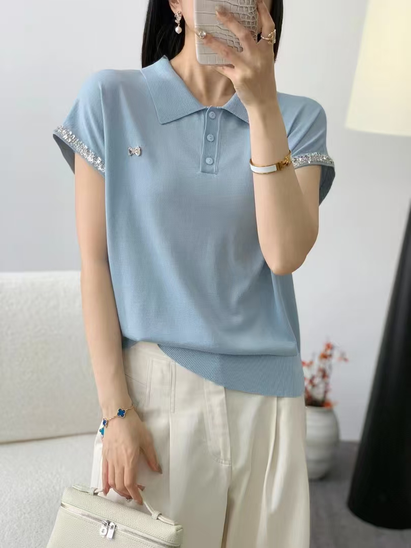 A2130 别致钉珠小众Polo领夏季新款洋气时尚高级感气质百搭针织衫