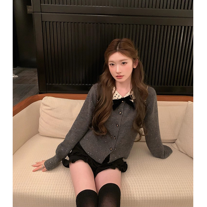 高级感亮片针织开衫女秋冬洋气独特灰色毛衣针织小香风外套蝴蝶结