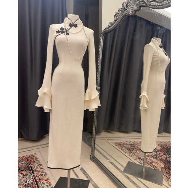 美人鱼【郁郁】复古清冷风温婉立领斜襟气质针织棉修身包臀旗袍G54